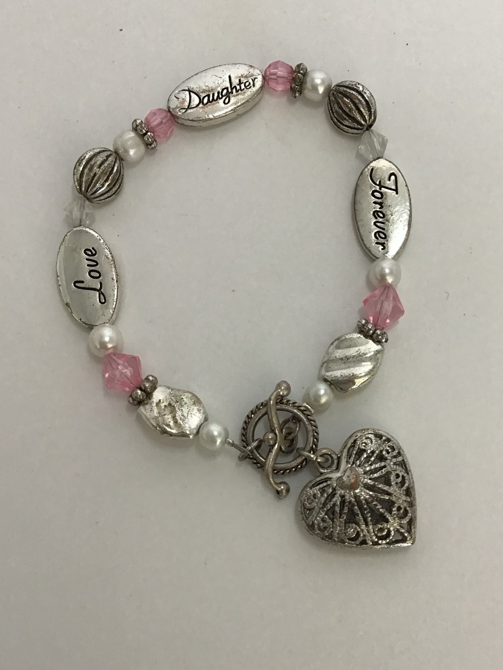 Love Daughter Forever Heart Charm Beaded Bracelet Pink Silver Tone Toggle Clasp